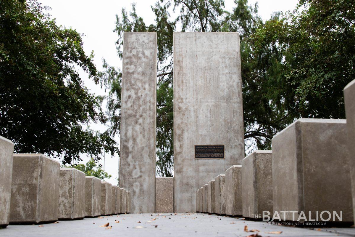 The Freedom From Terrorism Memorial stands near the Quad on the southside of campus.