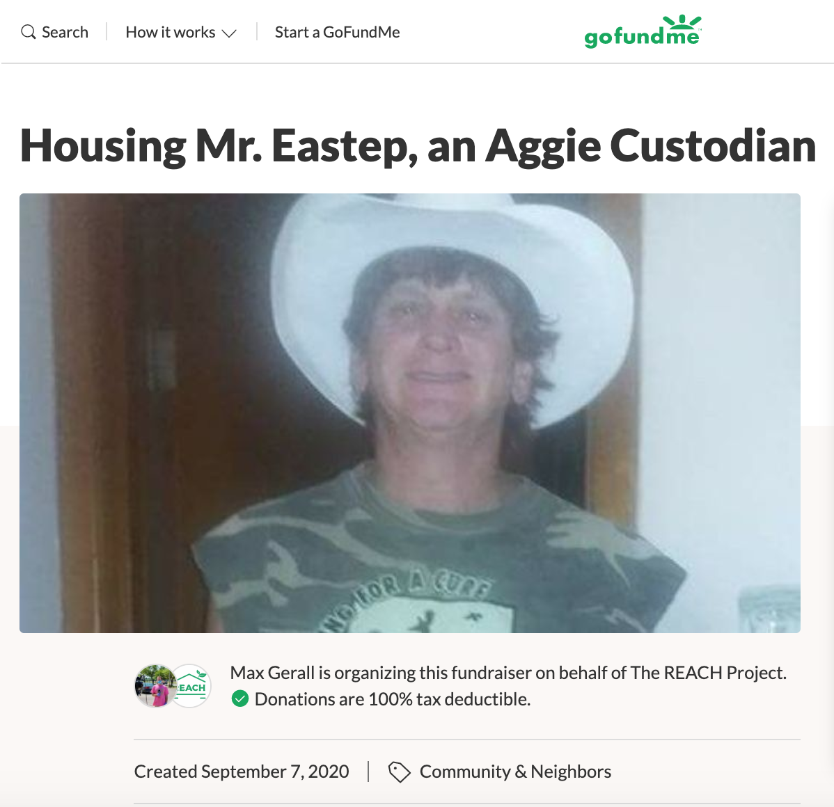 A GoFundMe was started by the REACH Project to raise money for Texas A&M custodian Doug Eastep’s living expenses.