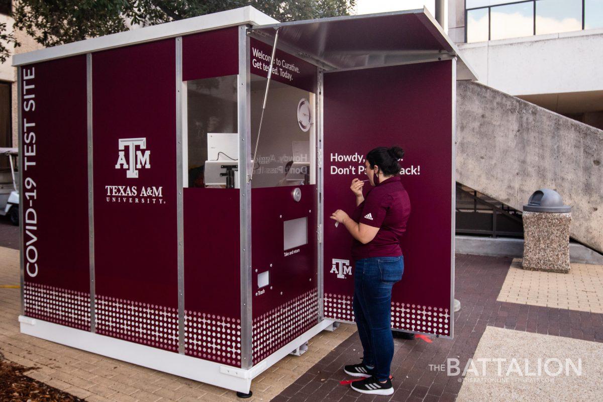 One of A&M’s three COVID-19 testing kiosks available is located outside of the MSC in Rudder Plaza.