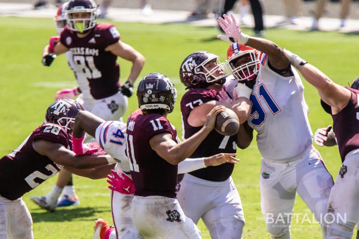 The Texas A&amp;M offensive line is currently tied for third-fewest sacks allowed in the nation, allowing senior quarterback Kellen Mond to be sacked only once.