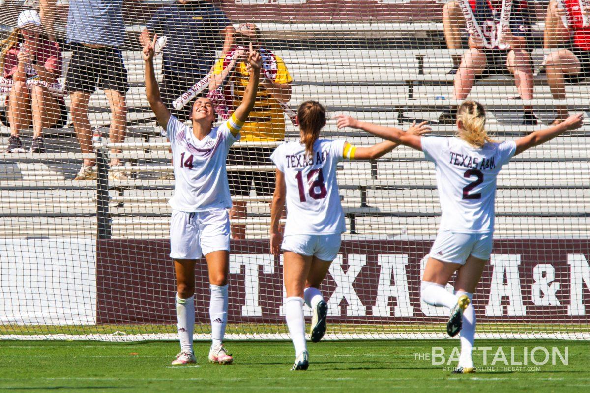 Senior defender Jimena Lopez celebrates her goal with her teammates.