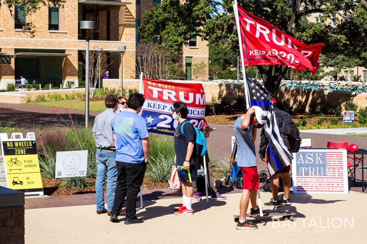 On Election Day, about 50 people associated with pro-Trump, pro-Biden and anti-abortion groups gathered in Rudder Plaza to speak about political issues and current events.