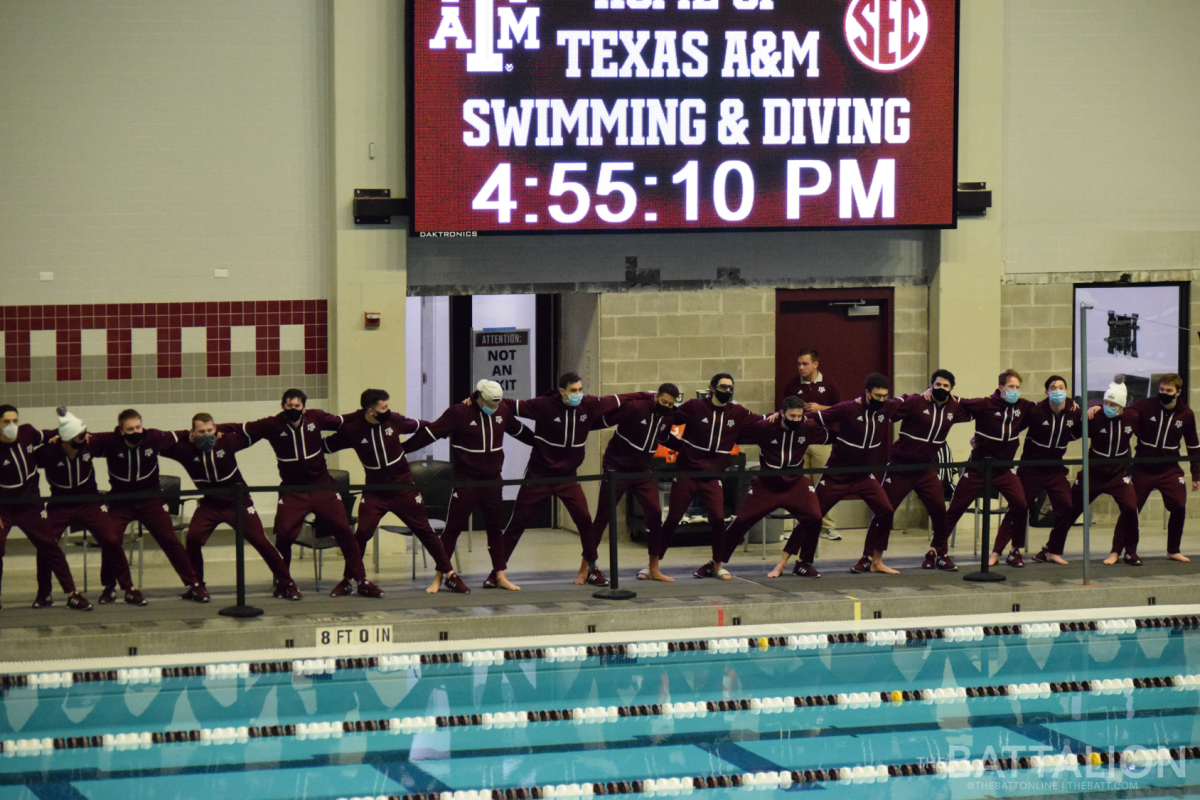 The Texas A&M mens swimming and diving team cheer each other on before the meet starts.