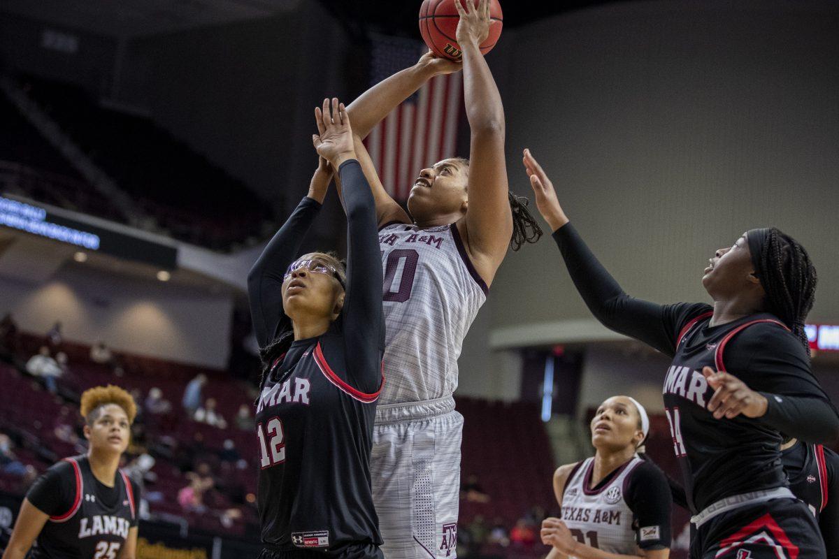 Center Ciera Johnson led the Aggies with 16 points against Lamar.