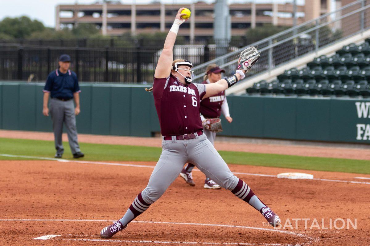 Senior Kayla Poynter and the rest of Texas A&Ms pitching lineup for the Texas A&M Invitational totaled 40 strikeouts last weekend.