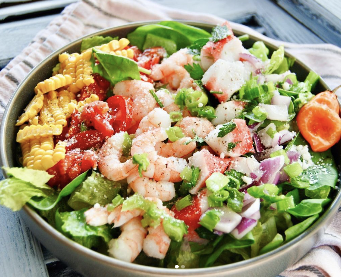 Aggie student chef, @sarahsmacks on Instagram shares a photo of her seafood salad which features marinated shrimp and crab. 