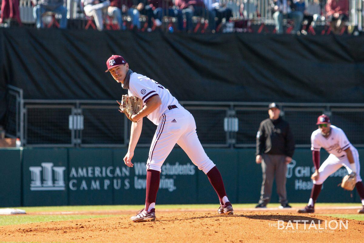 Senior right-handed pitcher Bryce Miller pitched five scoreless innings for the Aggies against Oklahoma.