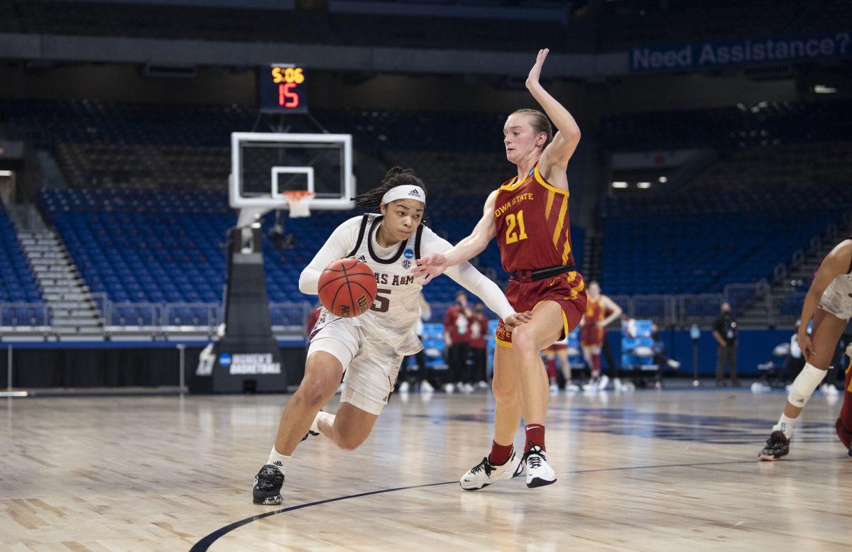 SAN ANTONIO, TX - MARCH 24: Texas A&M University takes on Iowa State University during the second round of the 2021 NCAA Division I Women’s Basketball Tournament held at Alamodome on March 24, 2021 in San Antonio, Texas.