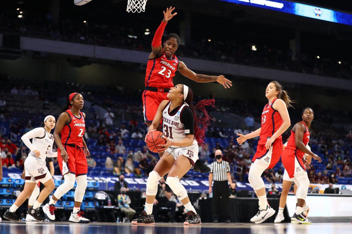 SAN ANTONIO, TX - MARCH 27: The Texas A&M Aggies against the Arizona Wildcats in the Sweet Sixteen of the 2021 NCAA Women’s Basketball Tournament held at the at Alamodome on March 27, 2021 in San Antonio, Texas. (Photo by C. Morgan Engel/NCAA Photos via Getty Images)