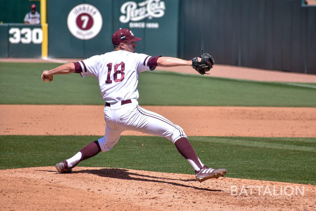 Senior Chandler Jozwiak was the third pitcher of four to check-in for the Aggies during the Alabama game. 