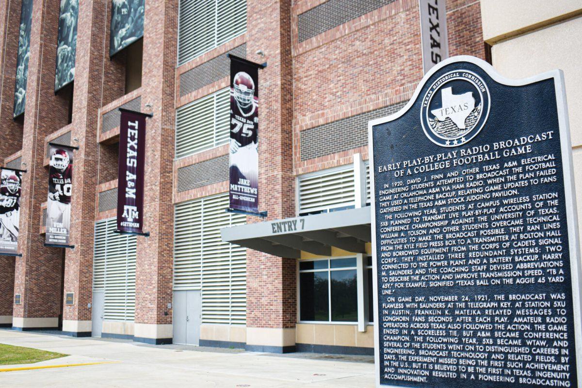 A historical marker outside Kyle Field, erected in 2005, details a play-by-play broadcast of a 1921 Texas A&M - University of Texas football game.