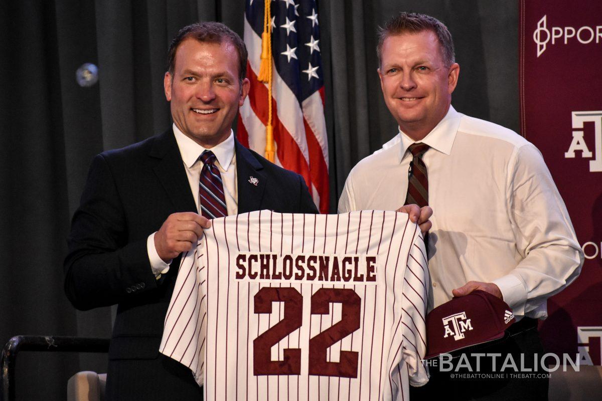 Athletic Director, Ross Bjork presented head coach Jim Schlossnagle with his very own Texas A&M baseball jersey and hat. 