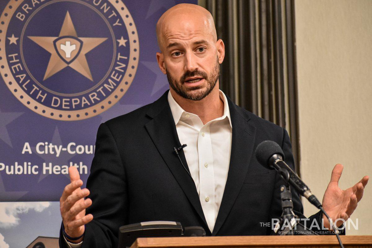 Dr. Seth Sullivan addresses the media during a press conference held at the Brazos County Health Department on the afternoon of Thursday, July 29. 