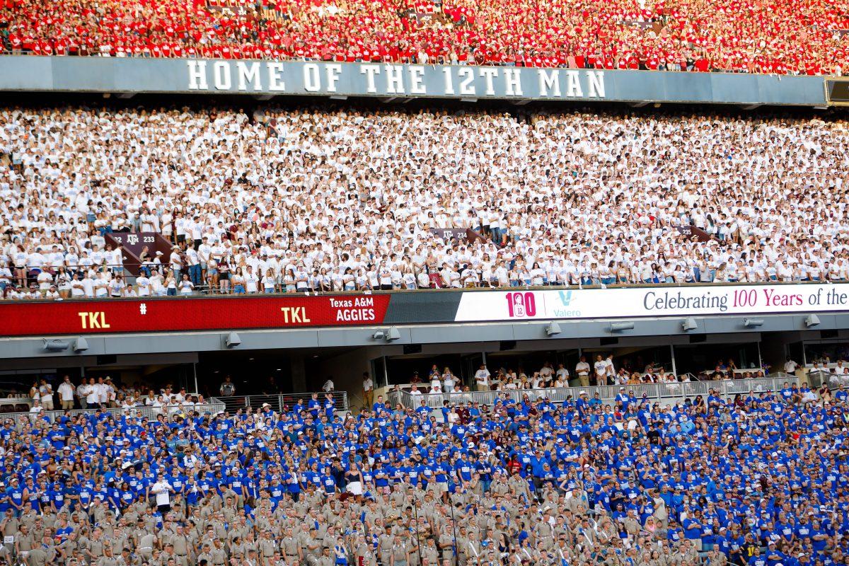 On+Saturday%2C+Sept.+4+Aggies+filled+the+stands+of+Kyle+Field+wearing+red%2C+white+and+blue+for+the+first+home+football+game+of+the+season.+Aggies+recreated+the+historic+2001+memorial+game+in+honor+of+those+who+lost+their+lives+on+9%2F11.%26%23160%3B