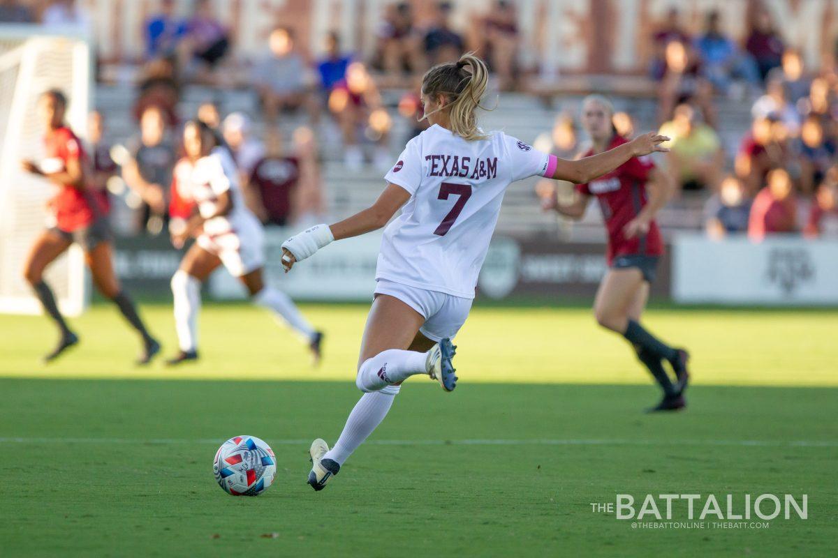 The Aggies lost 1-0 in their match against the Razorbacks on Thursday, Sept. 23. Junior defender Katie Smith was a key part of the Aggie defense that forced the game into overtime.
