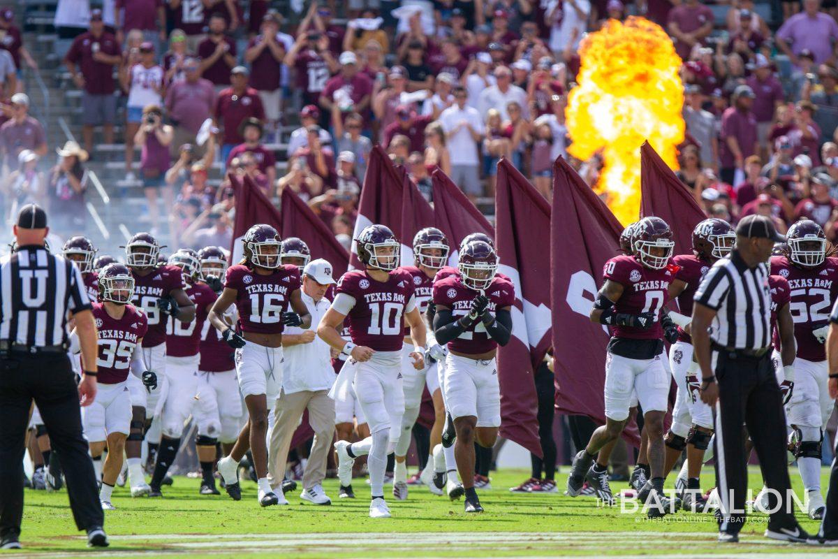 The Texas A&M football team takes the field for the game against the University of New Mexico on Saturday, Sept. 18. 