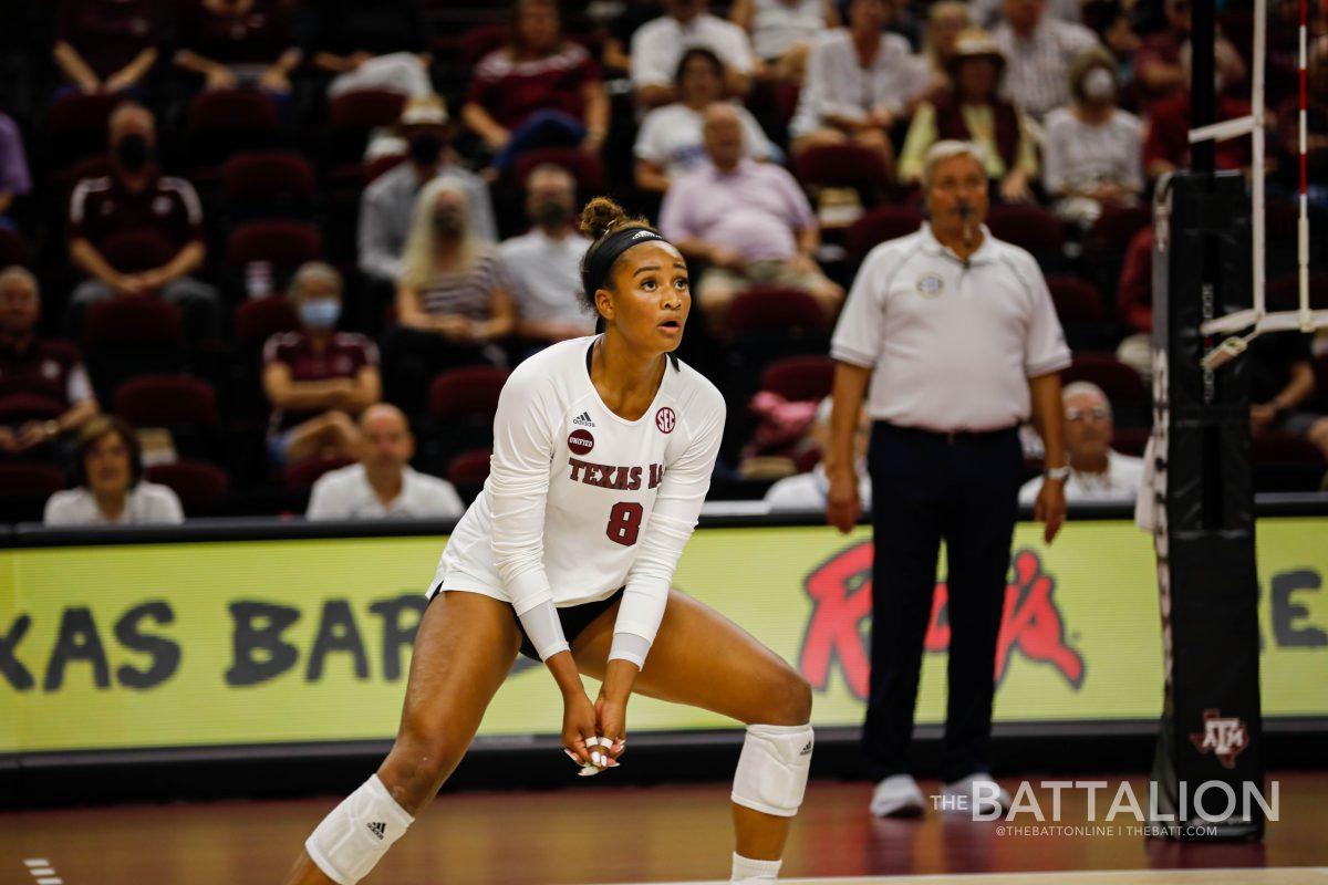 Outside+hitter%26%23160%3BMorgan+Christon%26%23160%3Bled+the+Aggies+to+a+victory+over+Texas+State+on+Tuesday%2C+Sept.+14.+The+junior+recorded+a+total+of+14+kills+and+two+blocks+during+the+match.%26%23160%3B