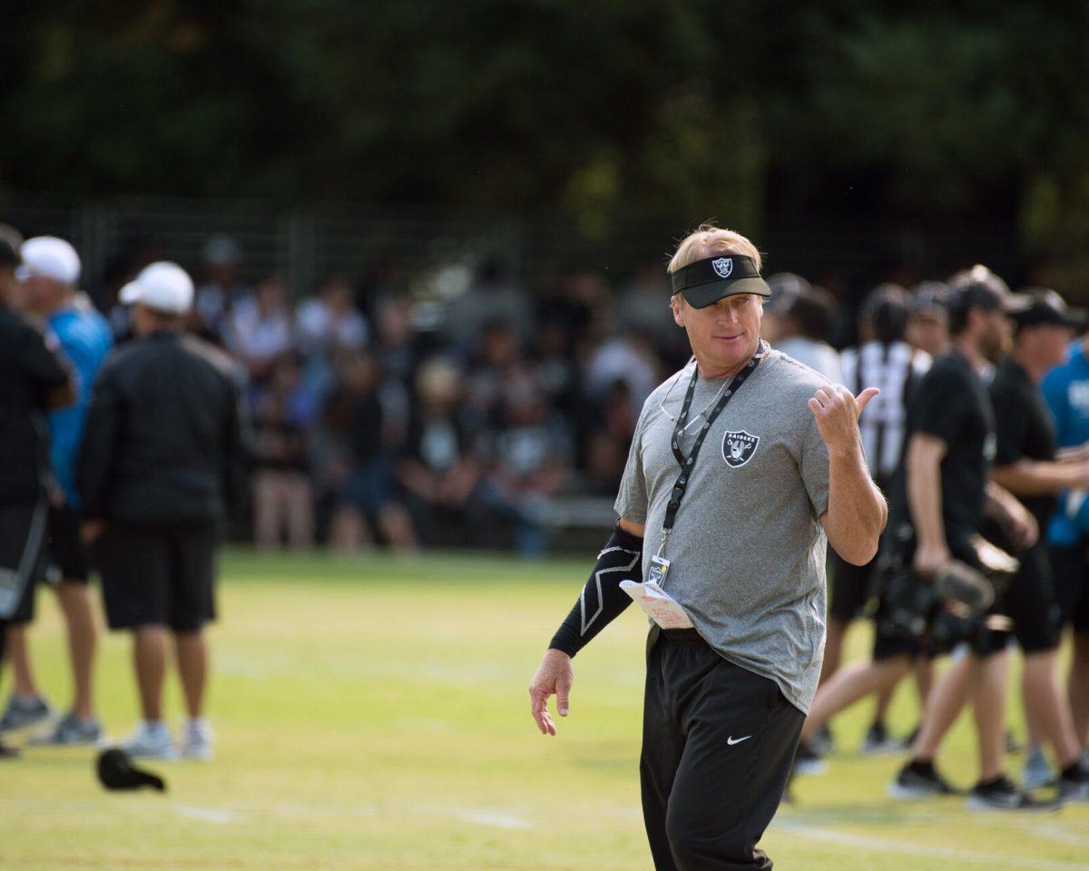 Oakland+Raiders+head+coach+Jon+Gruden+observes+players+during+practice+at+their+training+facility+in+Napa+Valley%2C+Calif.%2C+August+7%2C+2018.+The+Raiders+invited+Travis+Air+Force+Base+Airmen+to+attend+camp+and+were+treated+to+a+scrimmage+between+the+Raiders+and+Detroit+Lions+and+a+meet+and+greet+autograph+session+with+players+and+coaches+from+both+teams.+%28U.S.+Air+Force+photo+by+Louis+Briscese%29