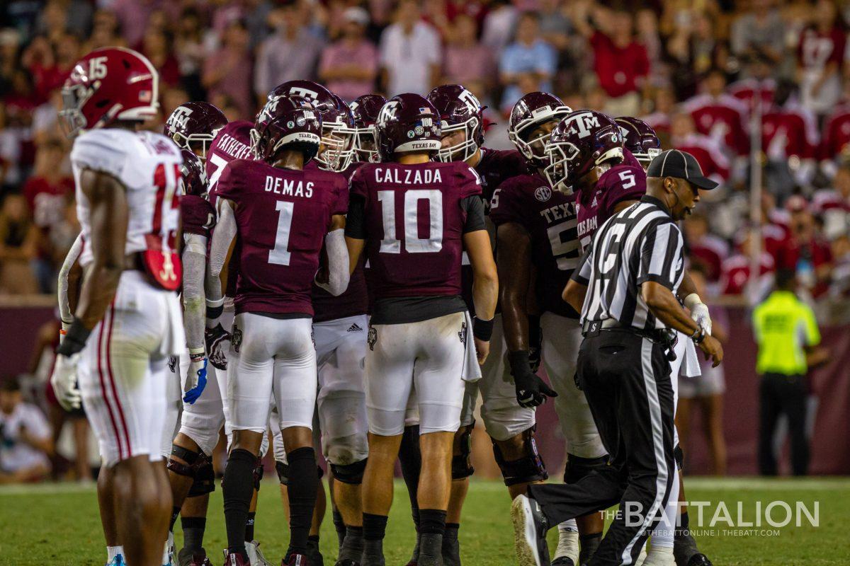 Quarterback+Zach+Calzada+addresses+his+teammates+in+the+final+moments+during+the+game+against+Alabama.