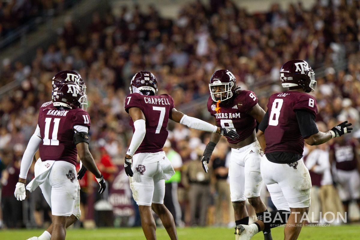 Members of the defensive line celebrate Texas A&amp;M's dominate 44-14 win over the South Carolina Gamecocks on Saturday, Oct. 24 at Kyle Field.&#160;