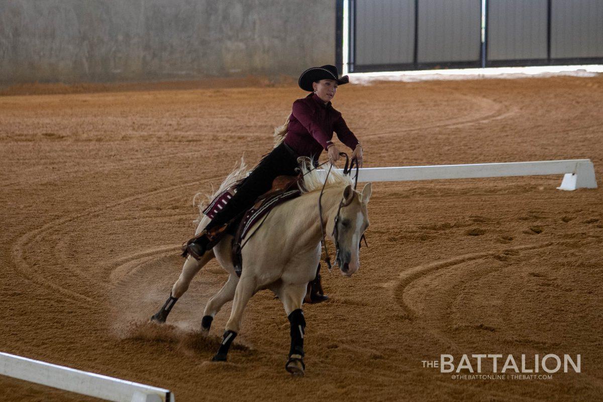 <p>Senior <strong>Lisa Bricker </strong>rounds the corner of the arena on her horse Buddy.</p>