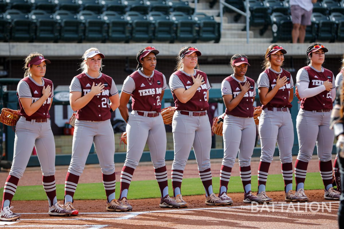 The Texas A&amp;M softball team lined the field for the National Anthem before the Wednesday, Oct. 20 doubleheader against Temple College.&#160;