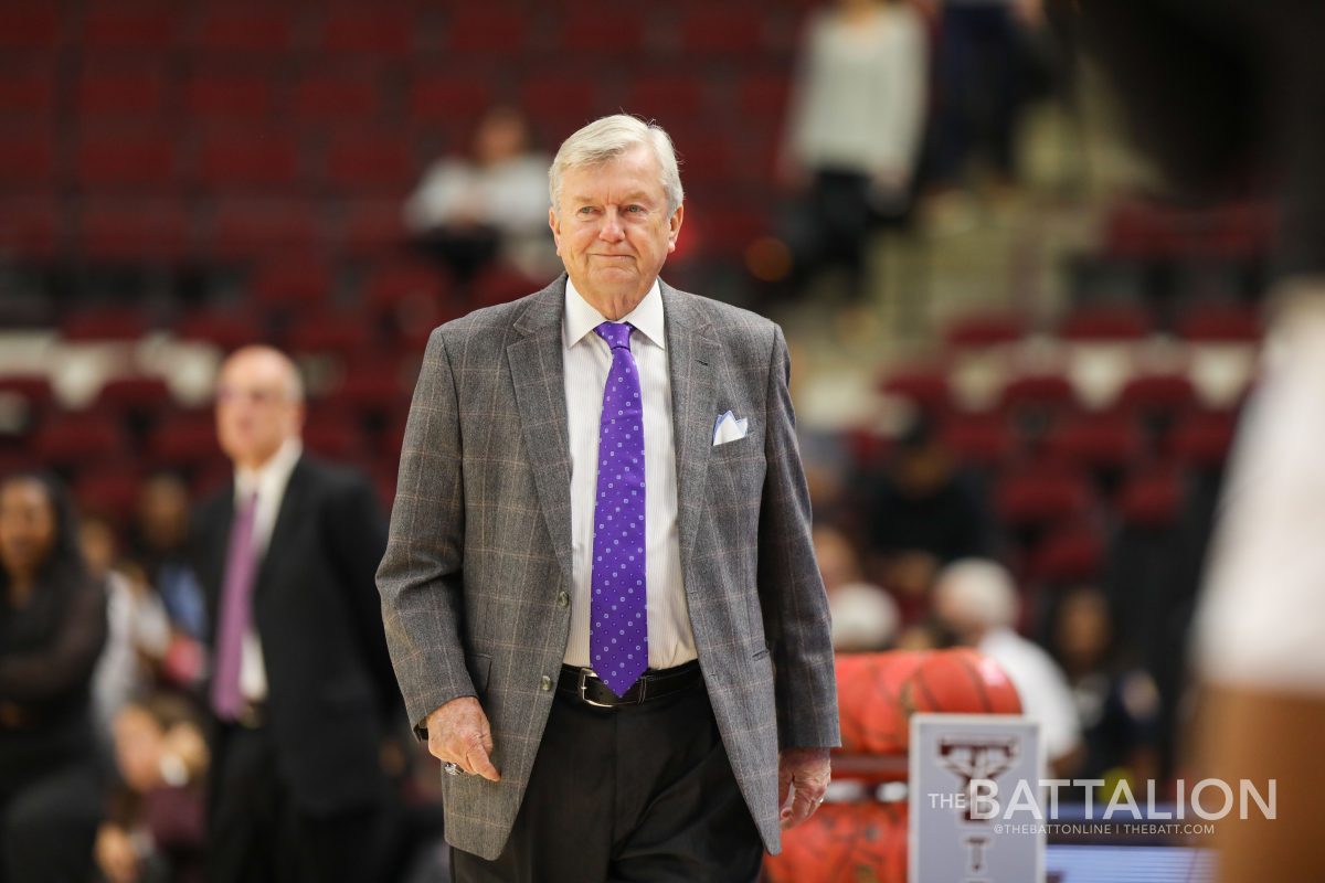 Coach Gary Blair walks out on the court to start his final season as the women's basketball coach at Texas A&amp;M.