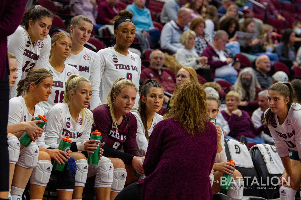 Texas A&M volleyball coach Laura “Bird” Kuhn talked to the team during their match against Auburn.