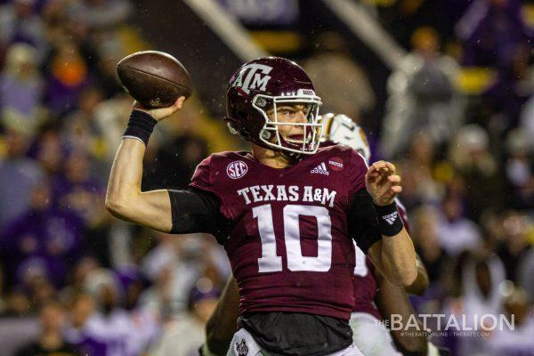 Redshirt sophomore QB <strong>Zach Calzada</strong> (10) throws the ball during the Aggies' game against LSU at Tiger Stadium on Saturday, Nov. 27, 2021.