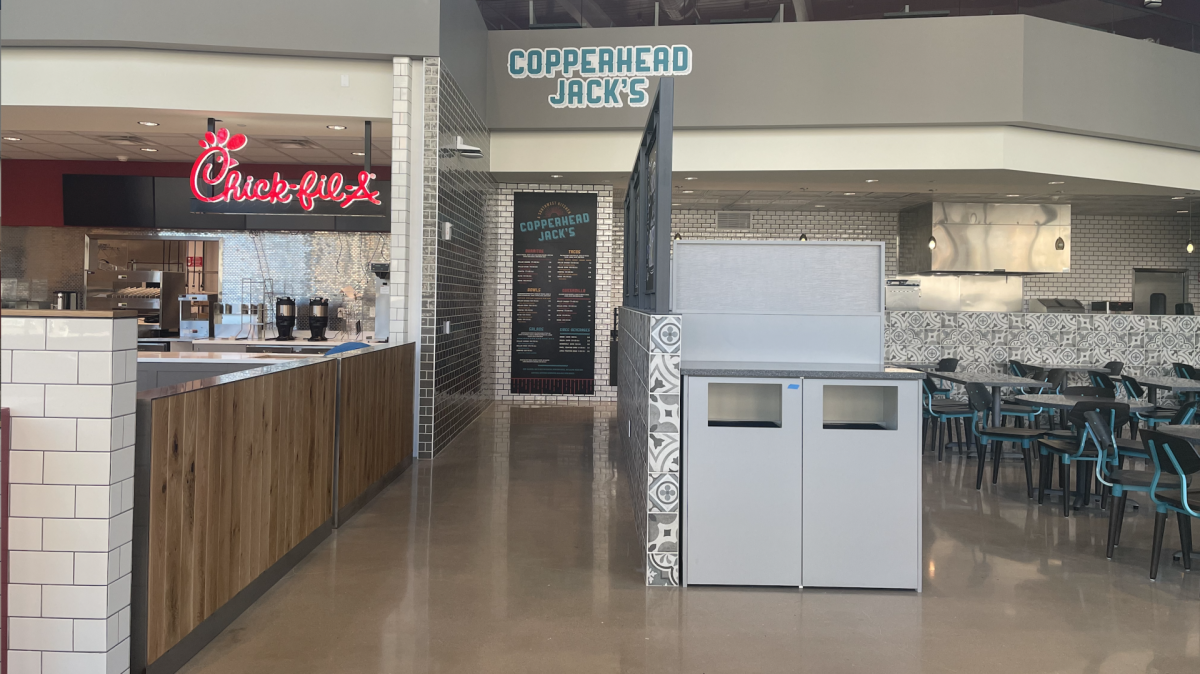 The new West Campus Food Hall will host national favorites such as Chick-fil-A and Aggieland favorites including Copperhead Jacks and Houston Street Subs. 