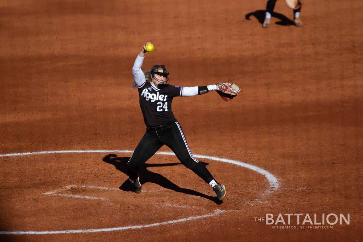 Senior pitcher and outfielder Makinzy Herzog (24) winds up her pitch in Davis Diamond on Friday, Feb. 18, 2022.
