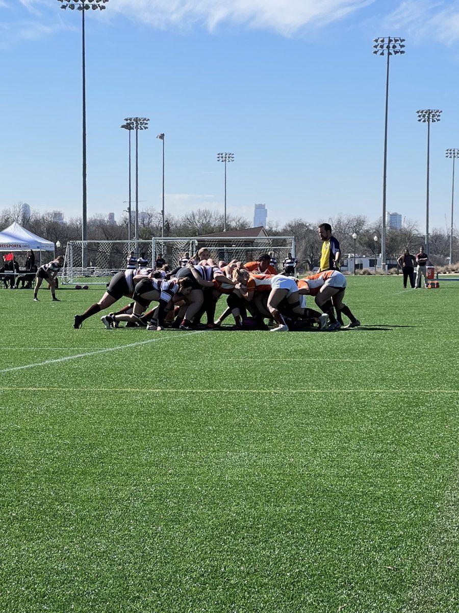The Texas Longhorns face off in a first-quarter scrum during the match against Texas A&M Women’s Rugby in Austin.