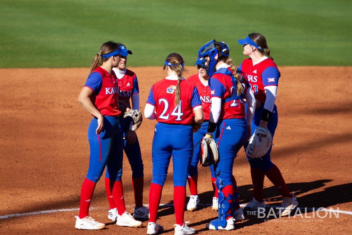 Kansas players talk on the field in Davis Diamond field on Friday, Feb. 18 2022.