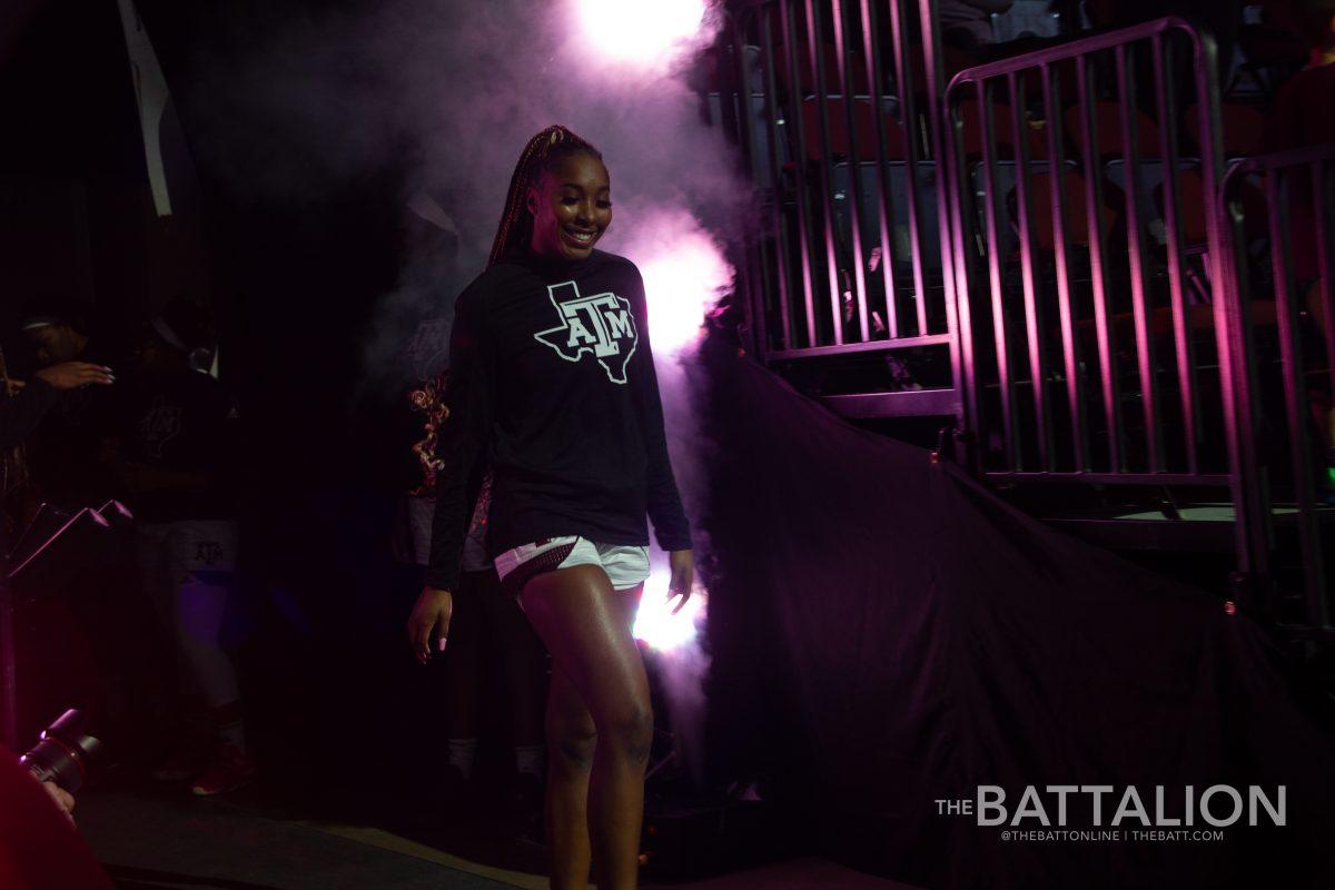 Graduate student guard Kayla Wells who scored 19 points against LSU enters reed arena.