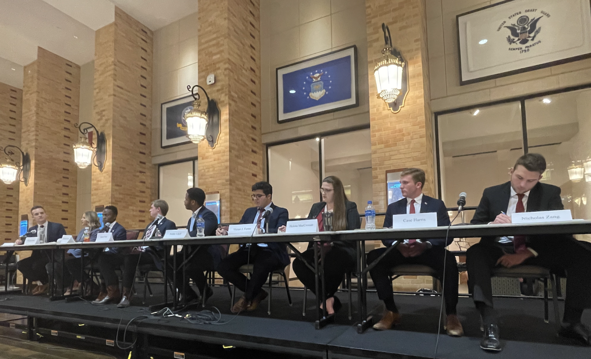 The nine student body president candidates gathered in the MSC Flag Room to share platforms and answer questions from the student body.
