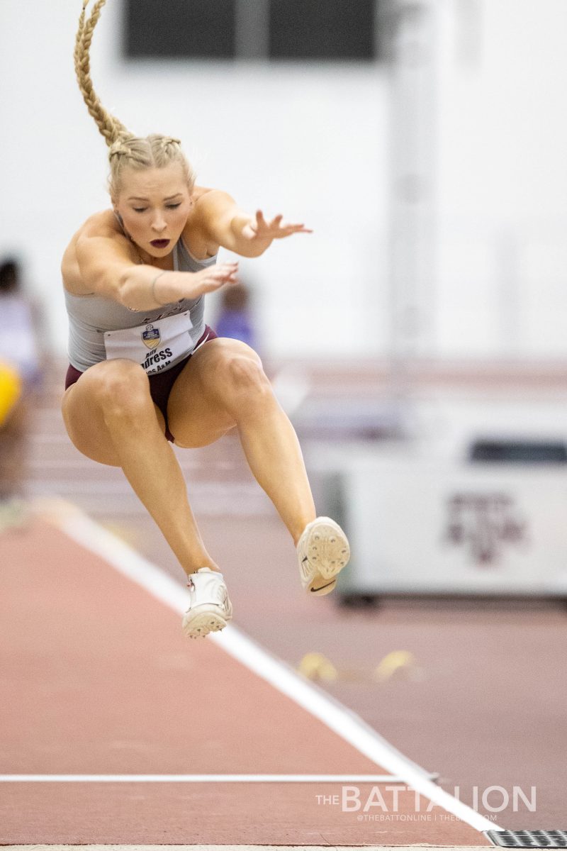 Junior Allyson Andress competes in the long jump phase of the pentathlon during the SEC Indoor Track and Field Championship on Friday, Feb. 25, 2022.