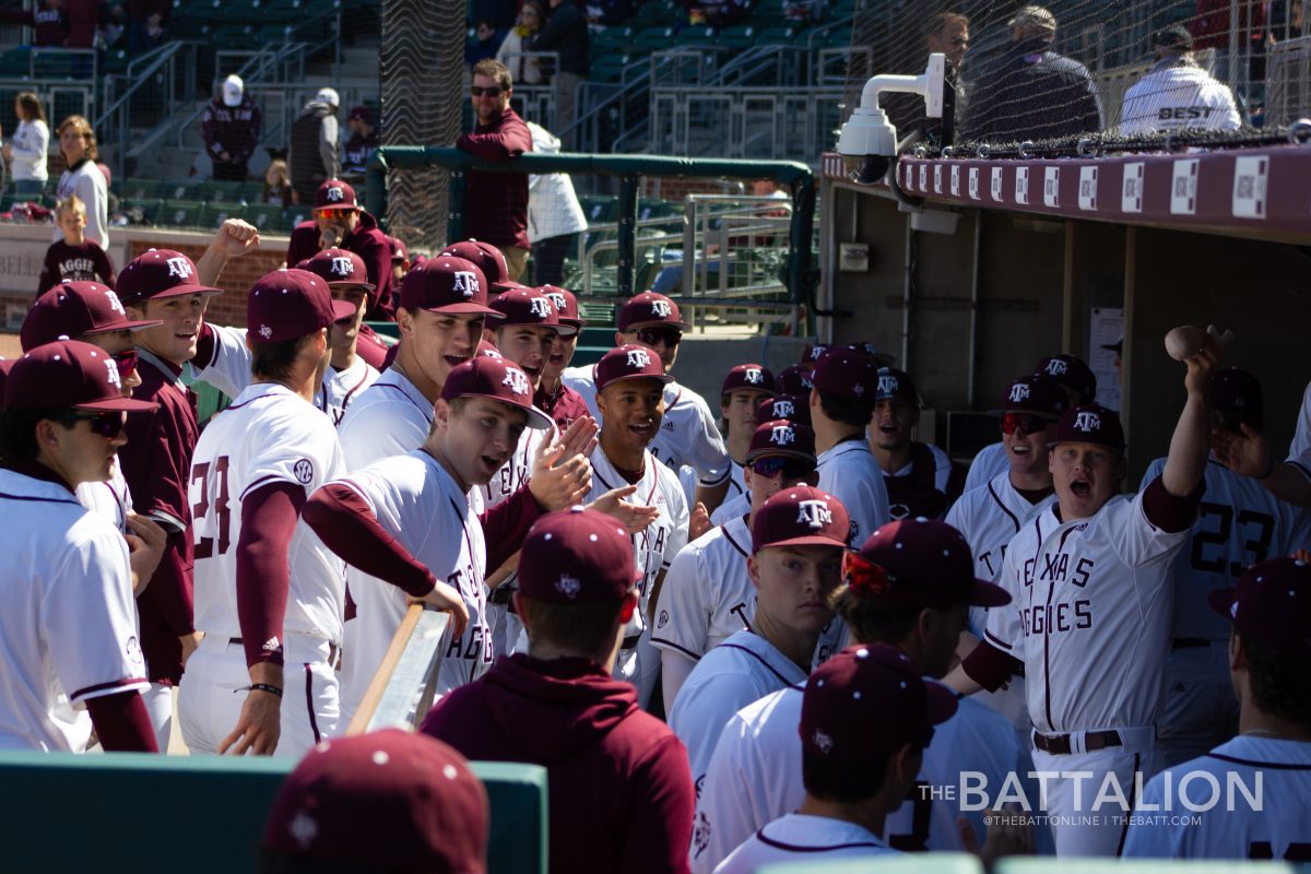 The Aggies before the game at Olsen Field at Blue Bell Park on Sunday, Feb. 27, 2022.