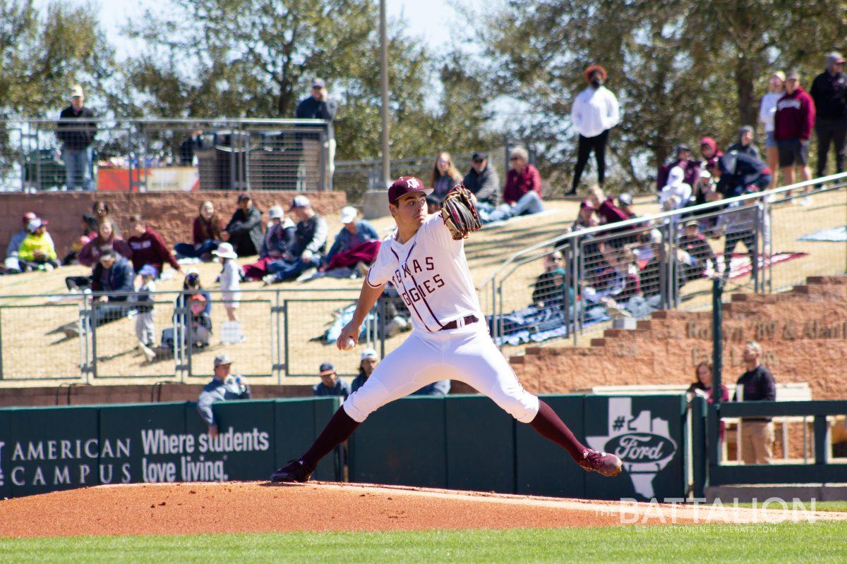 Junior pitcher Micah Dallas (34) winds up a pitch at Olsen Field in Blue Bell Park on Saturday, March 12, 2022.