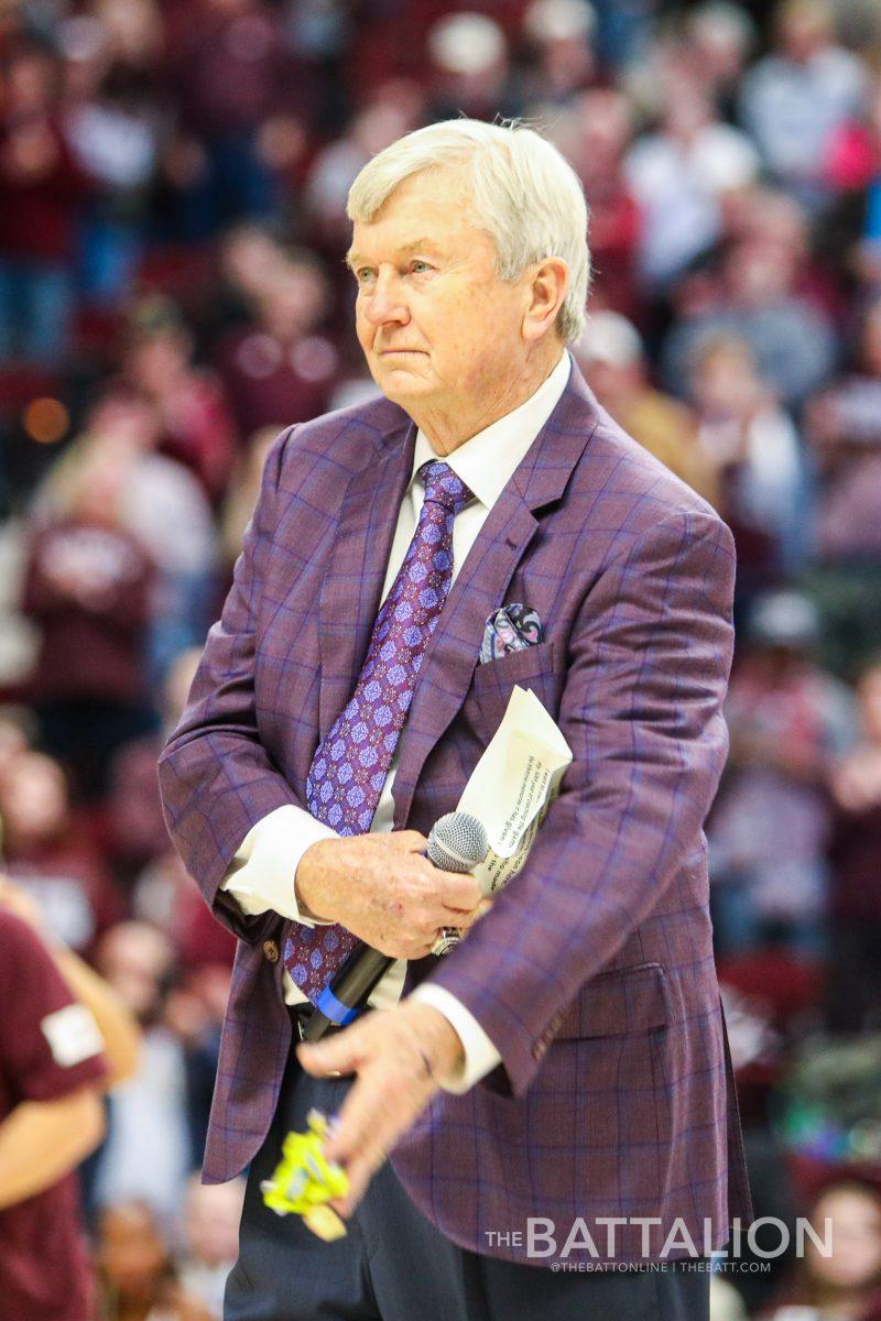 Coach Gary Blair throws candy out for the last time in Reed Arena on Thursday, Feb. 24, 2022.