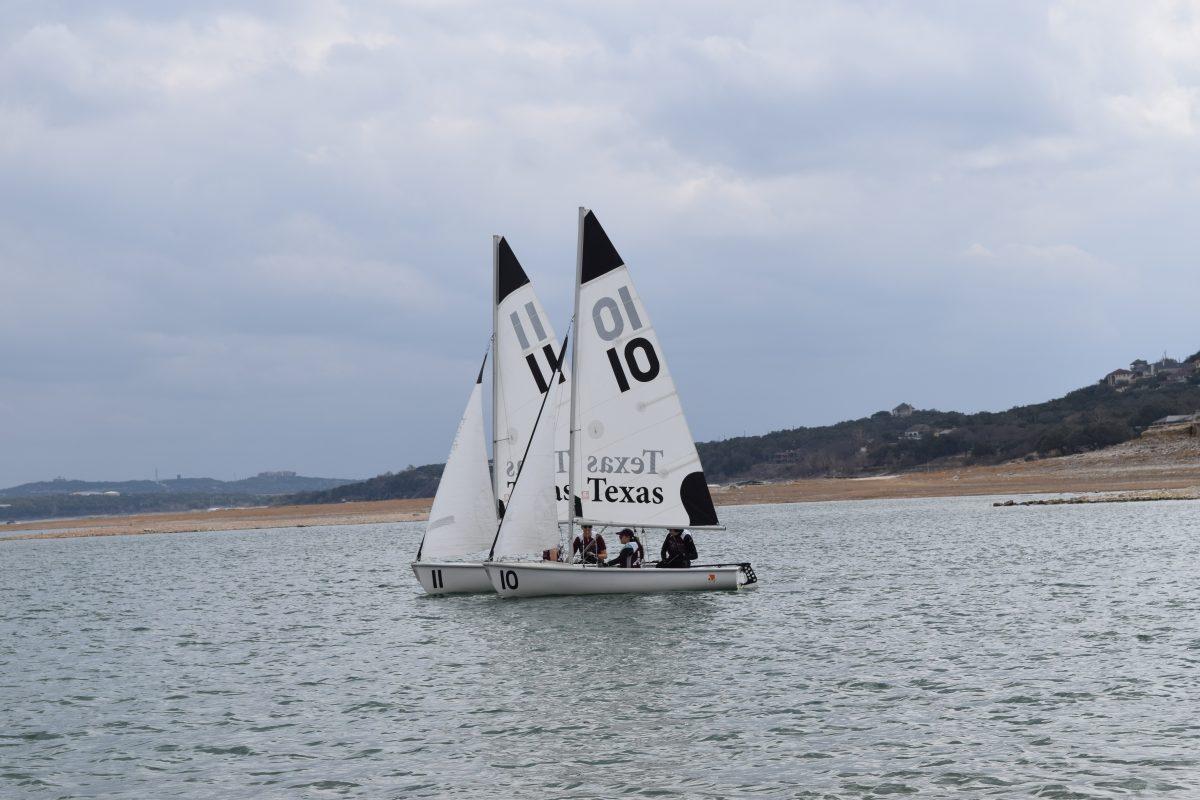 Members of Texas A&amp;M Sailing Club pilot two Flying Js in the club&#8217;s Saturday competition on Lake Travis in Austin.