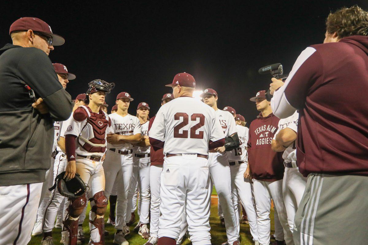 A&M baseball coach Jim Schlossnagle speaks to his team after the Aggies win over HBU in Blue Bell Park on Tuesday, Mar. 1, 2022.