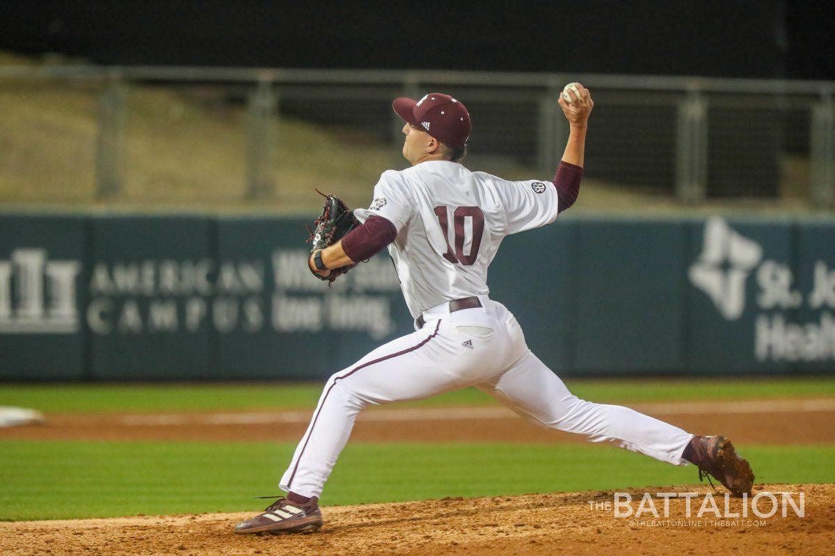 Freshman pitcher Chris Cortez (10) throws from the mound in Blue Bell Park on Tuesday, Mar. 1, 2022.