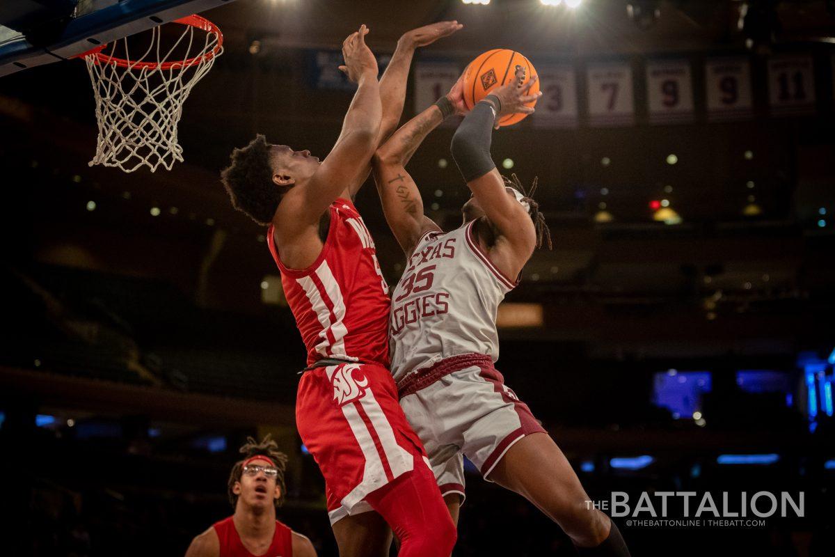 Freshman guard Manny Obaseki (35) jumps to score in Madison Square Garden on Tuesday, March 29.