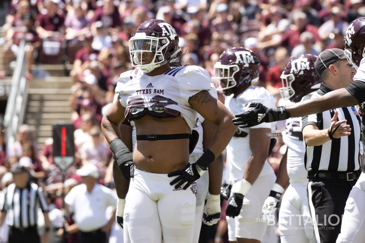 Junior LB Andre White Jr. (32) waits for the next play in Kyle Field on April 9, 2022.