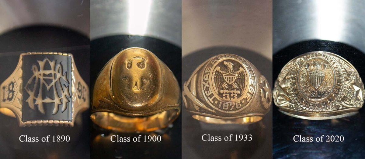 The Aggie Ring has changed in appearance and substance since its creation, as seen in the above rings form the classes of 1890, 1900, 1933 and 2020.