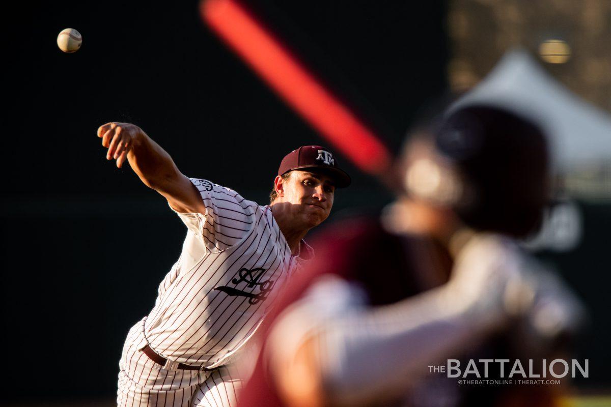 Sophomore RHP Nathan Dettmer (35) throws a pitch from the mound during the Aggies game against Mississippi State at Olsen Field on Friday, May 13, 2022.
