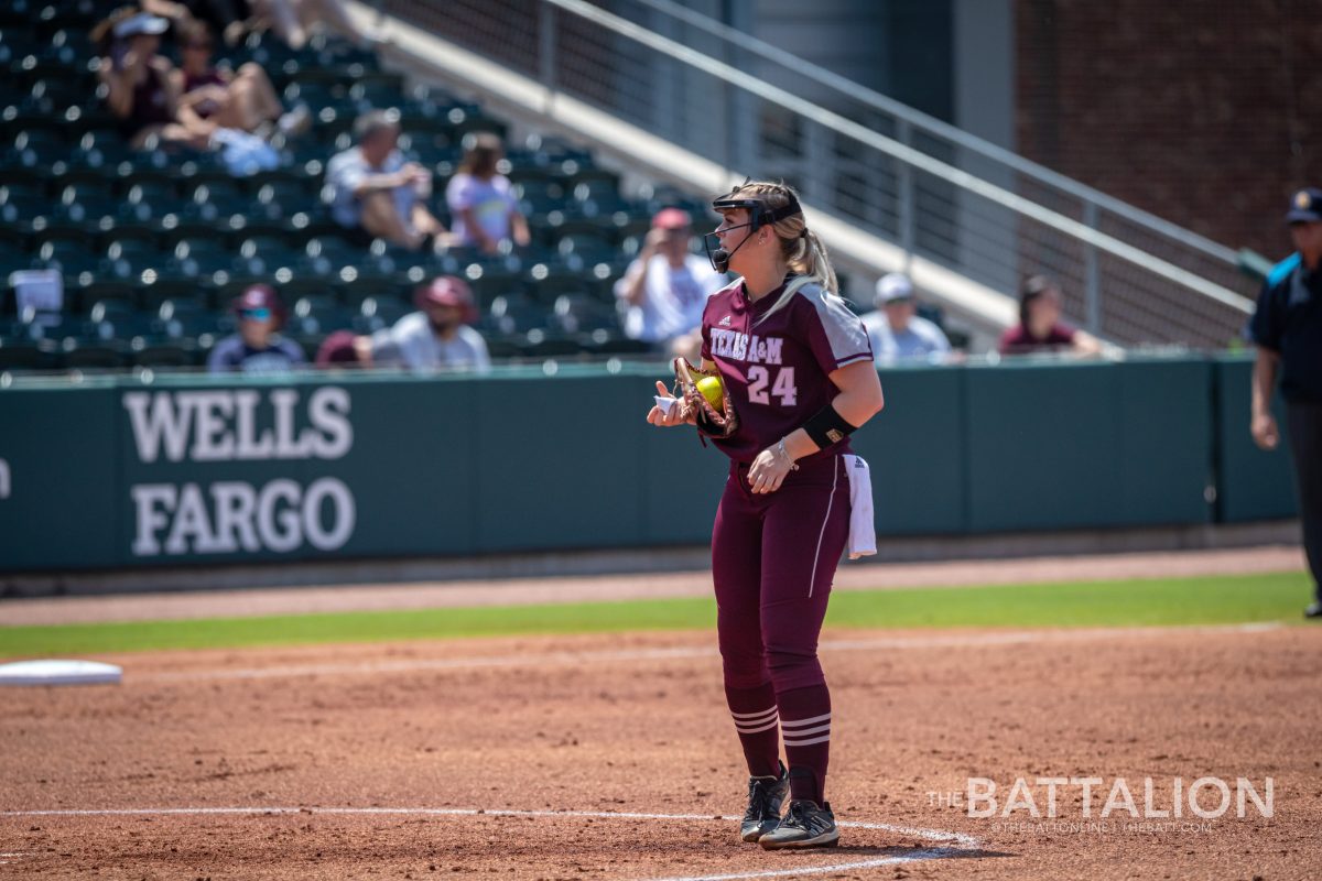 Senior P/OF Makinzy Herzog (24) prepares to throw a pitch during the Aggies' game against Arkansas at Davis Diamond on Saturday, May 7, 2022.