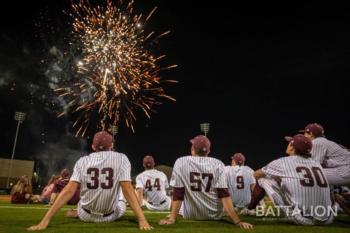 The+Aggies+enjoy+the+fireworks+after+outlasting+the+Razorbacks+2-1+at+Olsen+Field+on+Friday%2C+April+22%2C+2022.