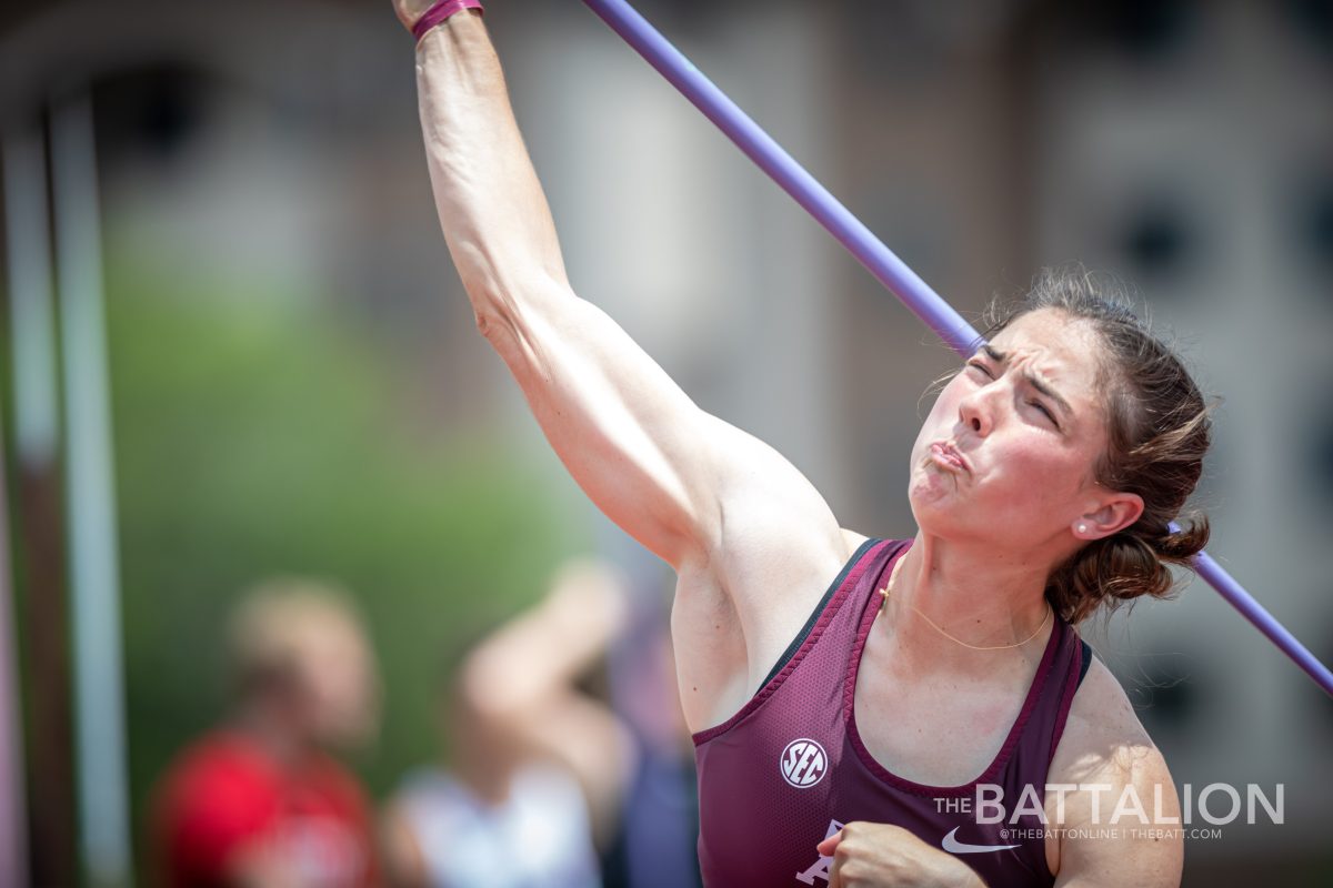 Senior Natalie Scheifele throws a javelin during the womens javelin throw at the Alumni Muster meet on Saturday, April 30, 2022.