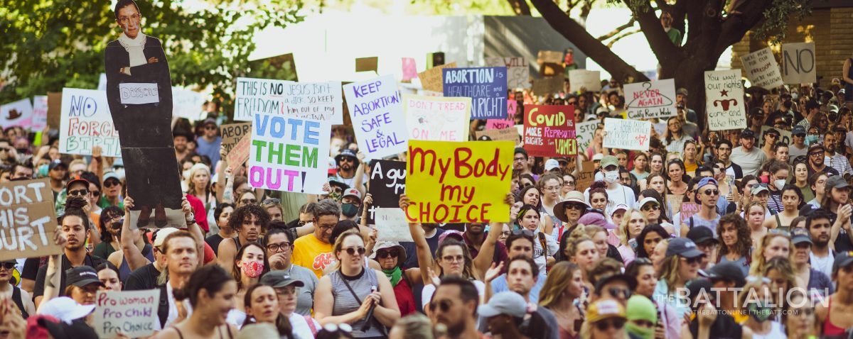 Following+the+Supreme+courts+decision+to+overturn+Roe+v.+Wade+on+Friday%2C+June+25%2C+hundreds+of+protestors+gathered+at+Republic+Square+in+Downtown+Austin+and+marched+to+the+Texas+State+Capitol.